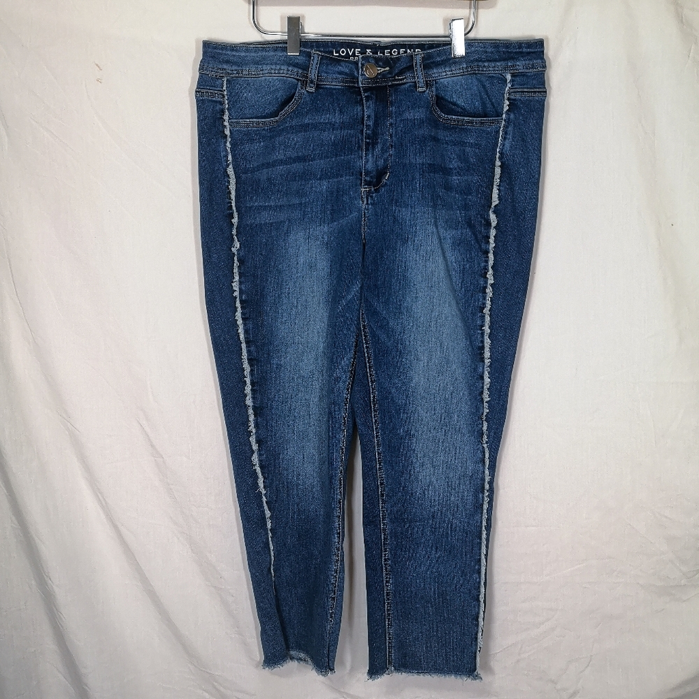Love & Legend Dark Wash Premium Denim Jeans with Fringe Side and Raw Hem